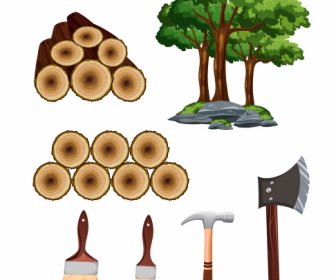 Carpentry Work Design Elements Tree Log Tools Sketch