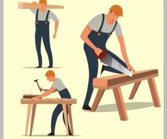 Carpentry Work Icons Male Worker Various Gestures Isolation