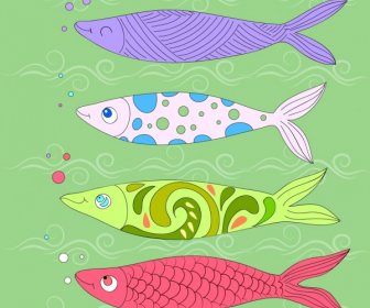 Carps Drawing Colorful Icons Classical Design