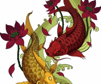 鯉魚繪畫五顏六色的古典東方裝飾