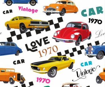 Cars Collection Pattern 1970 Decade Vintage Models Decor