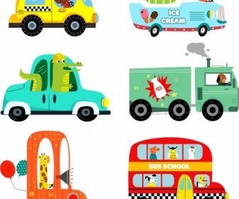 Cars Vehicles Icons Cute Cartoon Sketch Flat Design