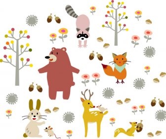 Kartun Hewan Dan Pohon Set