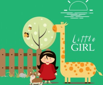 Cartoon Card Background Little Girl Animals Icons Decor
