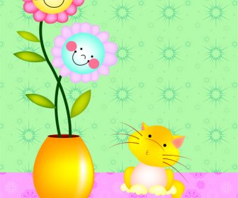 Cartoon Cat And Flower