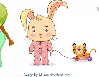 Cartoon Characters Icons Girl Bunny Kid Symbols Decor
