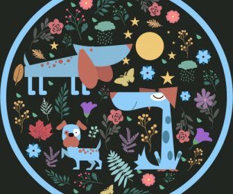 Cartoon Decorative Background Dogs Flowers Decoration Circle Style