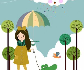 Cartoon-Traum-Hintergrund Stilisierte Wolke Krokodil Mädchen Symbole