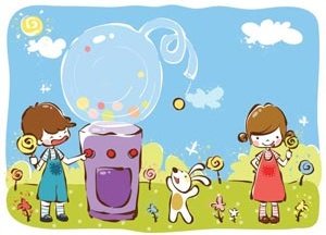 Cartoon Girl And Boy Kids Enjoy With Candy With Dog In Park Vector