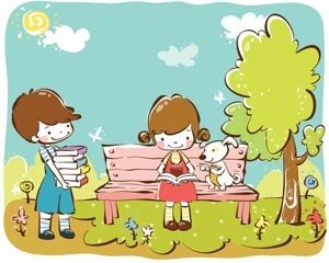 公園犬の学習漫画女の子と男の子の子供が女の子ベクトルと座っています。