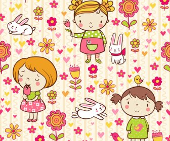 Cartoon Kids With Floral Seamless Pattern Vector