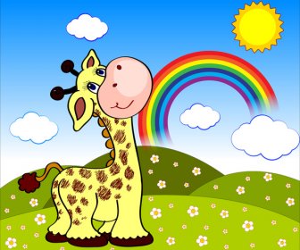 Dessin Animé Paysage Avec Girafe Et Arc-en-ciel