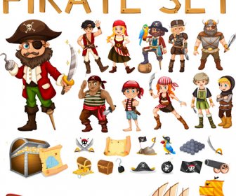 Dibujos Animados Piratas Diseño Conjunto De Vectores