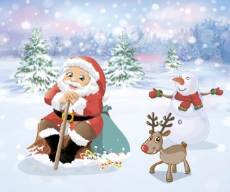 kartun santa dengan Natal hadiah elemen vektor