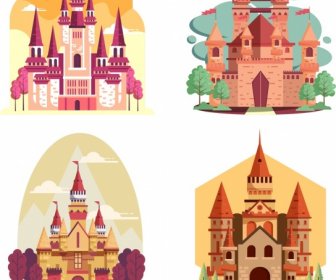 Castle Icons Templates Colored Classical Design
