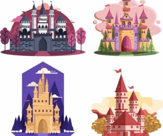 Modelos De ícones Do Castelo Liso Colorido Ornamento Projeto Vintage
