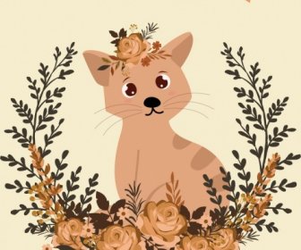 Cat Background Flowers Decoration Retro Design