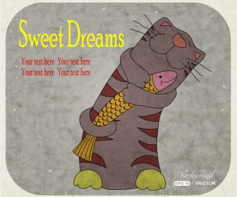 Katze Fangen Fische Süße Träume Cartoon Hintergrund