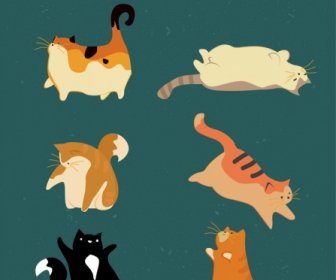 さまざまなジェスチャのレトロな色の猫アイコンのコレクション