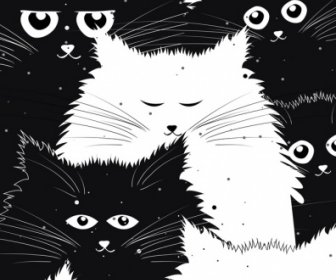 Cats Background Black White Icons Cartoon Design