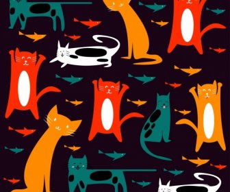 Kucing Latar Belakang Berwarna-warni Datar Ikon Dekorasi Gelap Desain