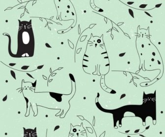Cats Background Flat Handdrawn Icons Repeating Decor