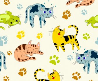 Cats Background Footprints Icons Colorful Repeating Design