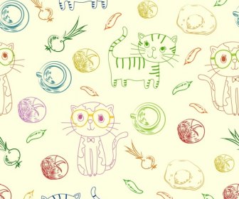 Kucing Latar Belakang Warna-warni Handdrawn Makanan Ikon Mengulangi Desain