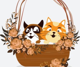 Cats Basket Painting Cute Icons Colored Classical Design
