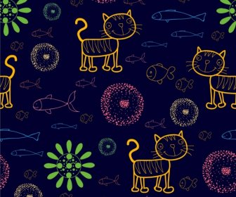 Cats Fishes Flowers Background Colored Cartoon Sketch