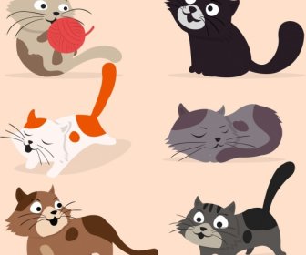 Cats Icons Collection Colored Cartoon Design
