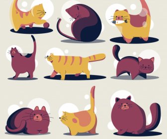 Cats Icons Colored Classical Handdrawn Sketch