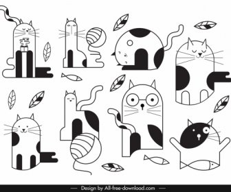 Cats Icons Funny Flat Black White Handdrawn Sketch