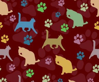 Cats Pattern Background Colorful Repeating Footprints Silhouettes Decoration