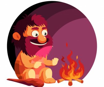 Caveman Icon Burning Fire Sketch Cartoon Character Sketch