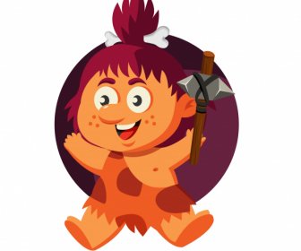 Caveman Icon Joyful Girl Sketch Cartoon Character