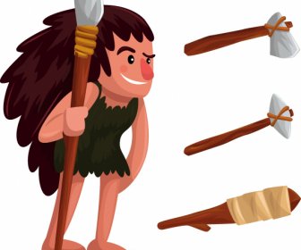Caveman Icon Stone Weapon Sketch Cartoon Character