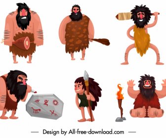 Personagens De Desenhos Animados Engraçadas De ícones De Homem Das Cavernas