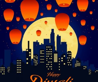 Célébration étendard Lantern Cityscape Nuit Lune Decor