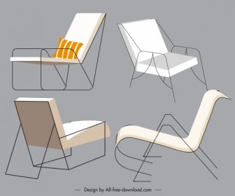 Móveis De Cadeira ícones Design Simples Esboço 3D