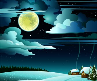 Charming Winter Night Landscapes Design Vector