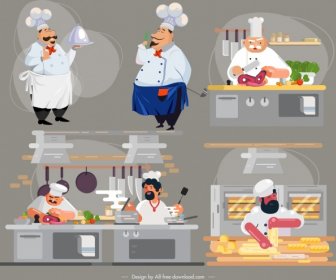Chef Work Icons Cartoon Characters Colorful Design