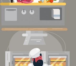 Personajes De Dibujos Animados De Iconos Carne Pan Preparación De Trabajo De Chef