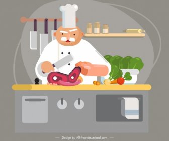 Chef Work Painting Colored Cartoon Sketch