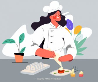 Chef Trabajo Pintura Mujer Preparando Alimentos Dibujo Animado Bosquejo