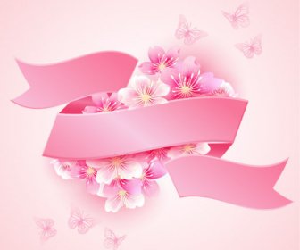 Cherry Blossoms With Pink Ribbon Beautiful Vector
