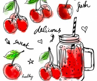 Cherry Juice Design Elements Colored Classic Handdrawn Sketch