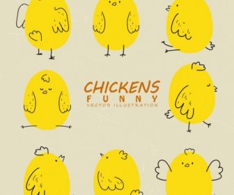 Chick Icons Collection Yellow Handdrawn Funny Style