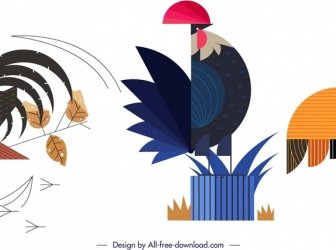 雞動物圖示五顏六色的平面幾何設計