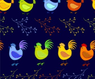 Ayam Latar Belakang Warna-warni Dekorasi Gelap Mengulangi Desain